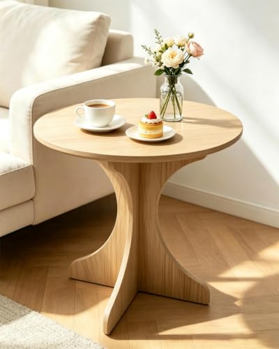 24In Walnut Round Side Table, Modern Minimalist Accent End Table with Curved Tripod Base, Compact Large Round Sofa Side Table, Easy Assembly Coffee Table for Living Room Bedroom Balcony