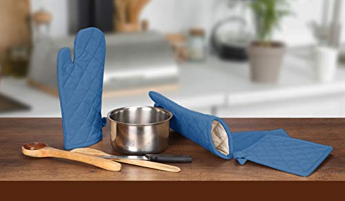 Native Fab Pot Holders And Oven Mitts Sets For Kitchen Heat Resistant - Hanging Non-Slip - 100% Cotton Kitchen Oven Mitts And Pot Holders 4-Piece Set - Blue #TOP3