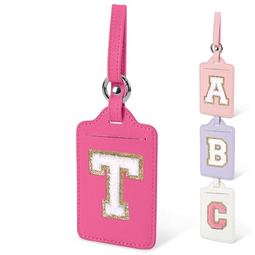 Initial Letter Luggage Tag for Suitcase, Cute Luggage Bag, Waterproof PU Leather Travel Luggage Tag, Suitcase Identifier Name Tag, Monogrammed Tags, Bag Tags for Handbags(Rosered-White T)