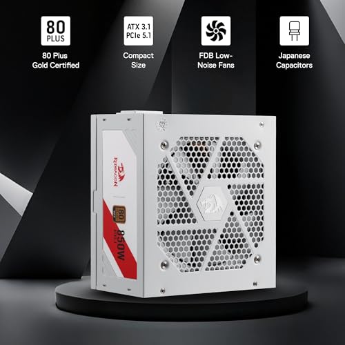 Image of Redragon RGMS-850W PRO 80+ Gold 850 Watt Power Supply w /ATX 3.1 & PCIe 5.1 Ready, Non-Modular Active PFC, Compact 150mm Size, 120mm Low Noise Fan, 100% Japanese Capacitors