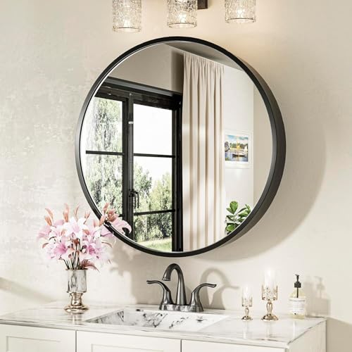 Image of iSTAR Round Wall Mirror with Storage Shelf | Bathroom Vanity with Hidden Cabinet Organizer | Modern Wall Mounted for Bathroom, Bedroom - Black