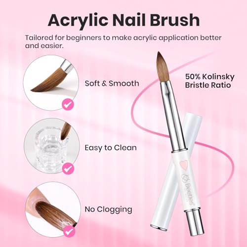 Image of Beetles Acrylic Nail Brush Kolinsky Hair Bristles Round Shaped Metal Handle Nail Art Brushes for Acrylic Powder Manicure Extension DIY at Home Manicure Tool - Size 8