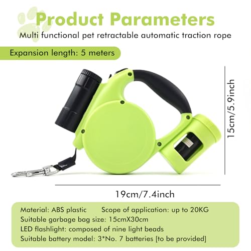 Einziehbare Hundeleine, Hundeleine 5 M Bissfeste, Ausziehbare Leine Mit Led-Licht Und Aufbewahrungsbox, Hunde Rollleine Für Hunde, Katzen Und Haustiere Bis Zu 20 Kilogramm, Ausziehbar 5 M, Grün