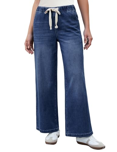 luvamia Wide Leg Jeans Woman High Waisted Trendy Pull On Elastic Waist Drawstring Stretchy Denim Jean Pants with Pockets