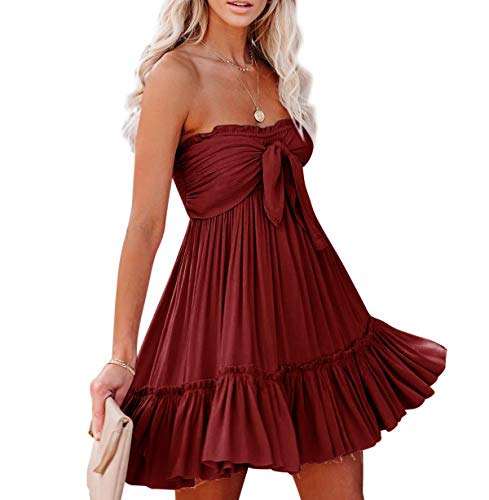 R.Vivimos Women's Summer Cotton Boho Beach Sleeveless Tie Front Mini Dress Tube Top Dress