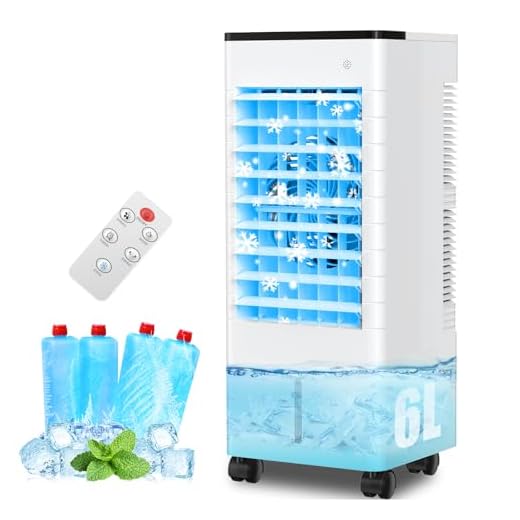 Aire Acondicionado Portatil Silencioso, 3 en 1 Enfriador de Aire Evaporativo Sin Tubo Exterior, 6L Tanque Agua, 3 Velocidades Viento, Temporizador 1-15H, Control Remoto 8M, Oscilación, Hogar Oficin