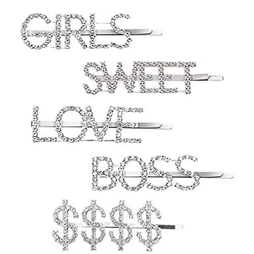 Luxury Rhinestone Letter Hair Pins,Headwear Word Crystal Bobby pin, Metal Hair Clips, Sparkly Hair Barrette Tools Hair Accessories for Women Ladies Girls (5PCS)
