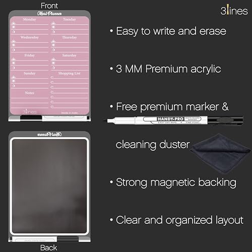 Image of 3 Lines ClearBite Acrylic Magnetic Meal Planner Board | Sleek & Durable | Includes Marker & Duster | 24x16 CM | Perfect for Meal Planning, Shopping Lists, Notes | Ideal for Home, Office | Plum