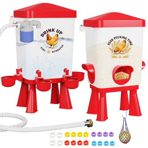 3 Gallon Chicken Feeder and Waterer Set, Large Chick Water with Automatic Float Valve, No Waste Poultry Feeding and Watering System, 4 Cups & 3 Ports, Chicken Coop Accessories for Pigeons Quail (Red)