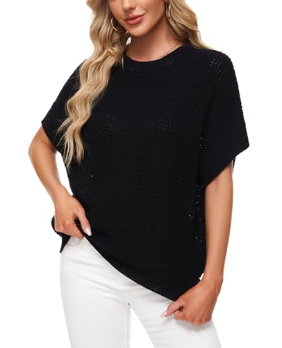 Image of MINTLIMIT Womens Batwing Short Sleeve Sweaters Loose Oversized Waffle Knit Pullover Sweater Top