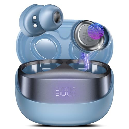 DUSONLAP Wireless Earbuds, Mini Sleep Earbuds Bluetooth 5.4 Headphones In Ear Noise Cancelling Mic, 47H Playtime Ear Buds, IPX7 Waterproof Earphones, LED Display, Touch Control, USB-C, Haze Blue