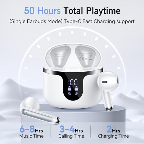 Image of Wireless Earbuds, Bluetooth 5.4 Headphones HiFi Stereo with 4 HD Mic, 50H Playtime Bluetooth Earbuds with Dual LED Display, IPX7 Waterproof Wireless Earphones, Touch Control Ear Buds,USB-C