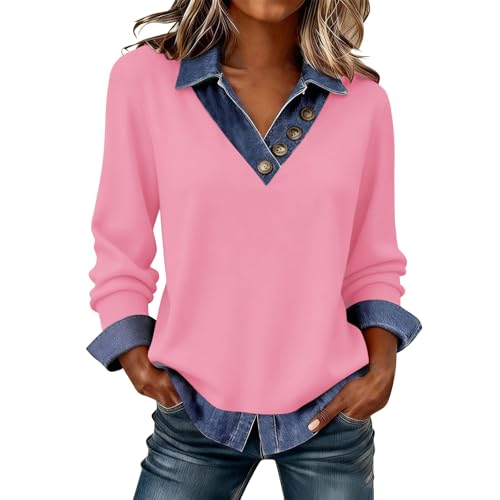 Lovraj Sudadera para mujer, vaquero, patchwork, manga larga, jersey moderno, solapa con botones, Rosa., XL