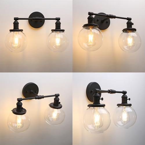 Image of Phansthy Industrial Wall Sconce Hardwired Black Double Wall Light with 5.9 Inches Globe Lampshade, Modern Wall Lamp Wall Decor Light Fixtures for Bathroom Mirror Living Room Hallway Bedroom (Black)