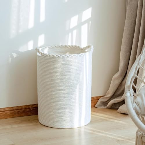 Image of ALBY Woven,Tall Wicker Laundry Basket for Blankets,Clothes,Pillows,Toys,Shoes Large Cotton Laundry Hamper for Bedroom Living Room Bathroom Nursery (72L /Extra Large16 inchD x 22 inchH, PURE WHITE)