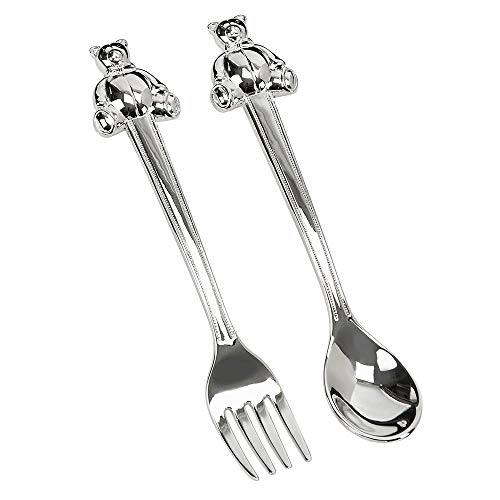 Creative Gifts International Silverplated Baby's First Fork and Spoon Set, Teddy Bear Emblem, Gift Box Included