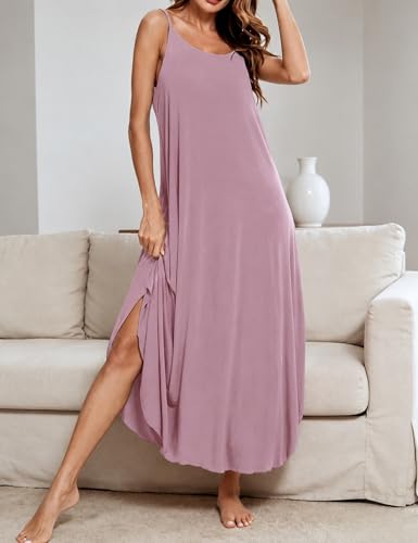 Image of SWOMOG Women Long Nightgown Pajama Dress Soft Strap Nightdress Summer Sleeveless Nightshirt Lounge Dress with Pockets
