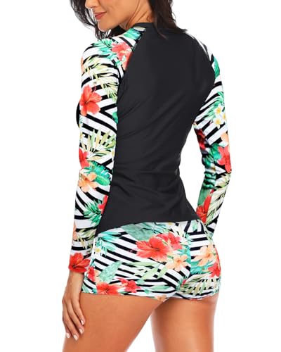 Image of Daci Women Two Piece Rash Guard Long Sleeve Swimsuits with Short UPF 50+ | UPF 50+,High Waisted Short,Long Sleeve,High Neck,Built-in Brief,Quick Dry