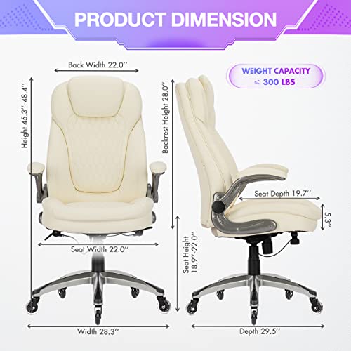 Image of COLAMY Ivory Leather High Back Executive Office Chair Set of 2, Ergonomic Desk Chair with Flip-up Arms, Thick Cushion, Silent Nylon Wheels, Adjustable Height & Rocking Function, 300lbs Capacity