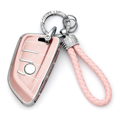Image of Creativity For BMW X5 Key cover and Key chain accessories (Pink set) | TPU key box with Rhinestones is compatible with F30 F45 F55 G20 G30 X1 X3 X4 X5 X6 X7 3 5 6 7 M5 M6 GT series smart key