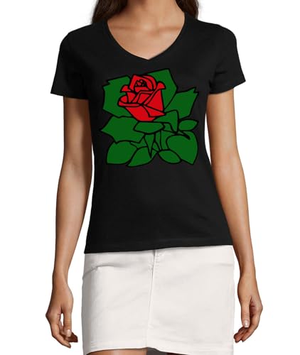 T-shirt col en V Lush Rose en coton noir pour femme : élégance florale abstraite au quotidien