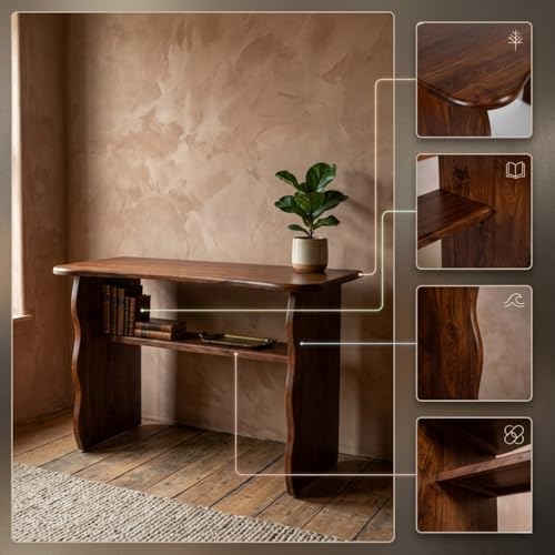 Image of Wooden Console Table for Living Room | Entryway Hallway Sofa & Fish Tank Table | Modern Curved Design with Open Storage Shelf | Decorative Display Stand Furniture | Brown Finish