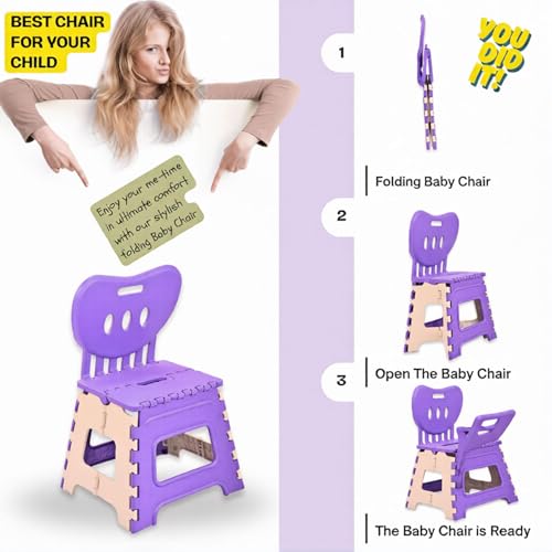 Image of A to Z Hub Folding Plastic Chair with Backrest for Kids & Adults | Portable, Lightweight, Durable Step Stool Seat | Space Saving, Easy to Carry, Indoor Outdoor Multipurpose Chair Brown (Purple)
