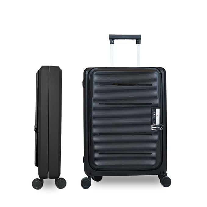 Image of Kuber Industries Plastic 20 Inch Collapsible Hard Shell 8 Wheels Double Spinner Trolley Luggage Bag for Travel - Lightweight Suitcase - Black, Small, 55 cm