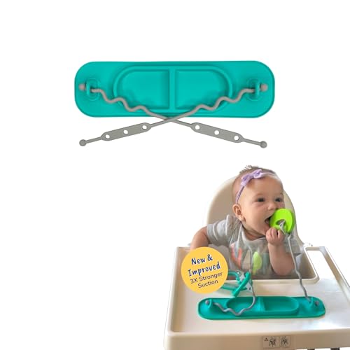BUSY BABY Silicone Mini Mat - NEW and Improved Suction Cups 2 Straps to Secure Baby Essentials Self Feeding Baby Led Weaning Travel Wet Bag Included (Spearmint Mini)