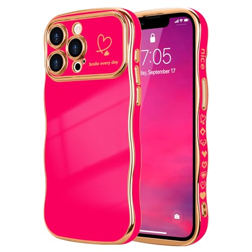 LCHULLE for iPhone 13 Pro Max Case for Women Girls, Cute Wave Frame Curly Shape with Love Heart Raised Camera Protection Cover Luxury Plating Shockproof Phone Case for iPhone 13 Pro Max, Hot Pink