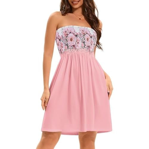 elescat Summer Dresses for Women 2026 Strapless Casual Beach Cover Ups Tube Top Sundress Small B Pink Floral