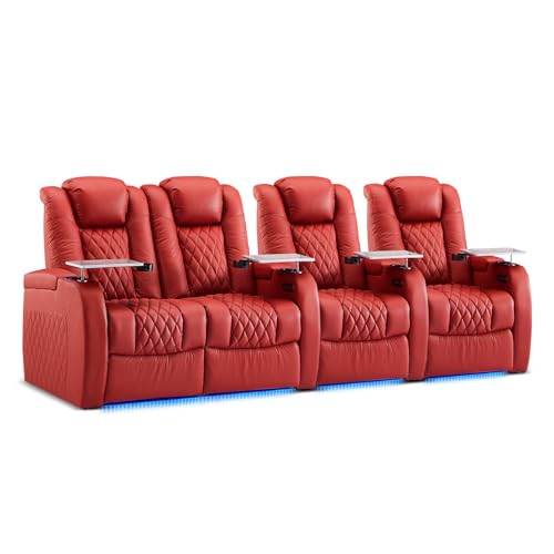Image of Weilianda Home Theater Seating, Top Grain Leather Movie Theater Chair | Red Row of 4 Loveseat Left, Zero Gravity, Power Headrest, Tray Table, Electric Reclining Seat for Media Room