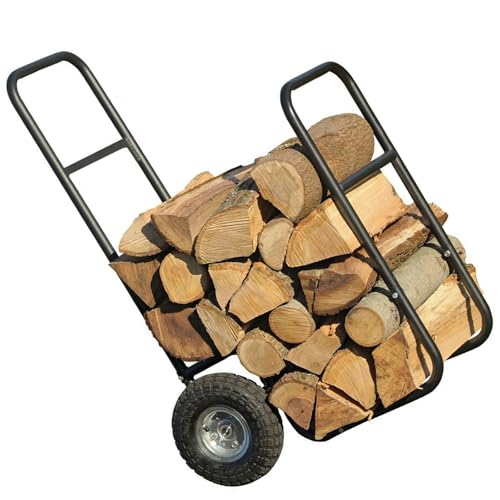 Porte-chariot à bois de chauffage tout en acier avec roues jamais plat, chariot bûches d’une capacité 250 lb, support transport pratique pour déplacer le cheminée l’intérieur et l’extérieur