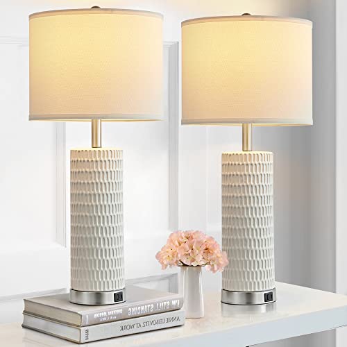 Reaketon 26.5" Ceramic Table Lamp Set of 2, 3 Way Dimmable Touch Control Table Lamp with 2 USB Charging Ports for Bedroom Living Room, Modern Nightstand Lamp End Table Lamps, Bulbs Included - Image 2
