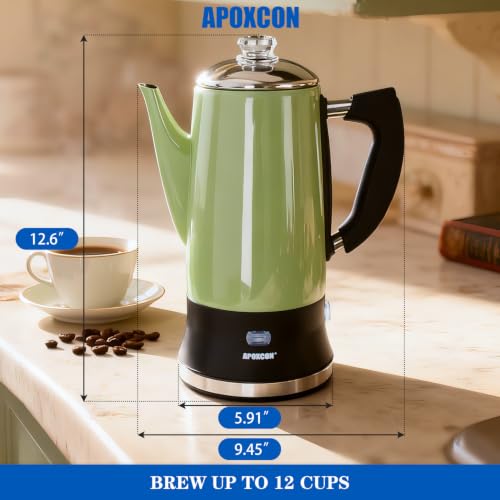 Image of APOXCON Electric Coffee Percolator Stainless Steel Coffee Maker with Glass Knob & Keep Warm Elegant Coffee Pot with On /OFF Switch - No Aluminum No Plastic Contact with Beverage Green (12 Cup)