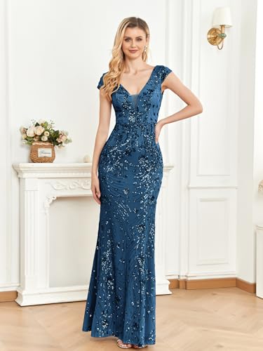 Image of Womens Sequined Long Evening Gown Glamous Sleeveless V-Neck Mermaid Prom Dress for Wedding Party Club Occasions