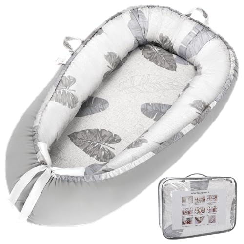 Image of Alened Baby Lounger for Newborn 0-12 Months, Portable Infant Lounge on Floor for Supervised Tummy Time, Babies Support Pad with Breathable Cotton for New Born Awake Use Only - Grey Leaves