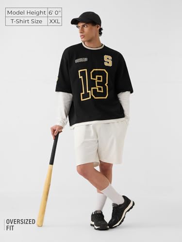 Image of The Souled Store Glow Men and Boys Round Neck Black Graphic Printed Cotton Oversized Full Sleeve T-Shirts