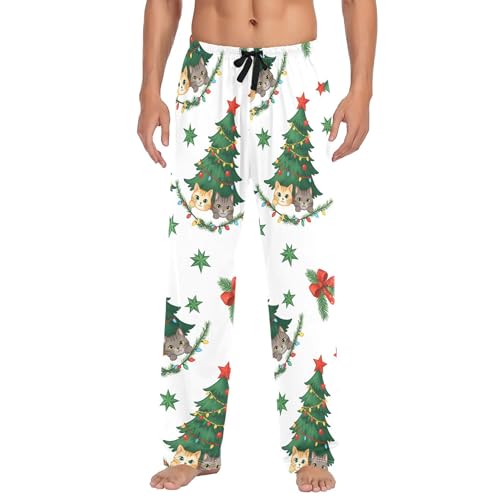 Men's Pajama Bottom Cats on Christmas Trees Cotton Pajama Pants Drawstring Sleepwear Long Pants Pockets