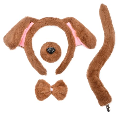 HODRME 4 Pieces Dog Ears and Tail Set-Brown Dog Headband Nose Tail Bow Tie Cosplay Party Halloween Costume Accessories