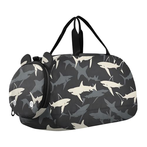 Duffle Bag for Boys or Girls with Shoes Compartment, Shark Black White Pattern Sports Travel Bag Overnight