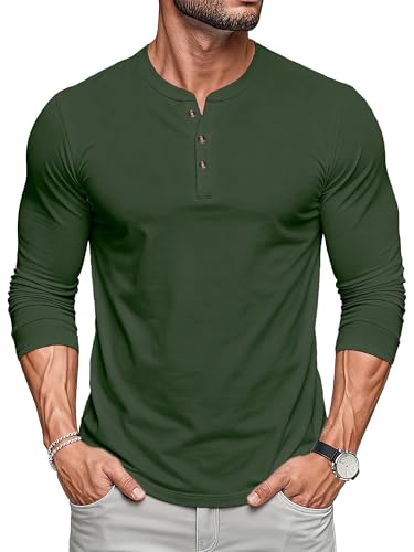 Image of MAGCOMSEN T Shirt Mens Plain Cotton Long Sleeve T-Shirts Soft Breathable Button Shirts Casual Work Tops,Army Green,XL