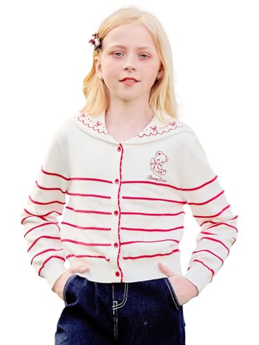 Girls White Cardigan Sweater Stripes,Sailor Collar Long Sleeve Knit Button Down Front,Kid Fall Tops for 6-16Y