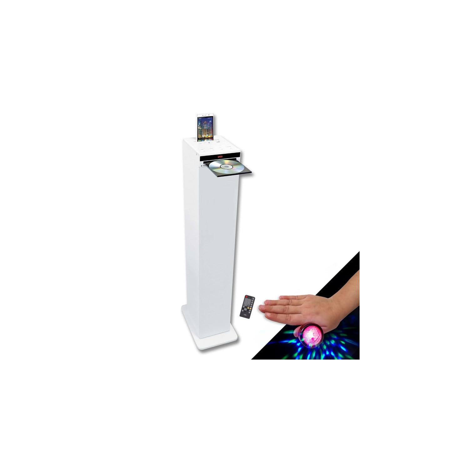 Tour de Son Colonne HIFI Blanche avec Lecteur CD, Bluetooth, Radio FM USB, 60W, Téléco, Jeux de lumières Bagues LED en Cadeaux