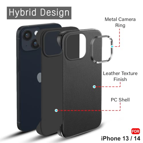 Image of TheGiftKart Hybrid Ultimate Slim Back Case Cover for iPhone 13 / iPhone 14 | Lightweight Profile | Hard Back Case Cover for iPhone 13 /14 (PC & TPU, Metal Camera Ring, Leather Texture Finish, Black)