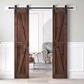 ROYMELO 36x84 inch (Double 18×84 inch Door) Sliding Barn Wood Door Slab with 6.6ft Hardware Kit and Handle, Coffee, K Shape, Simple DIY Assembly