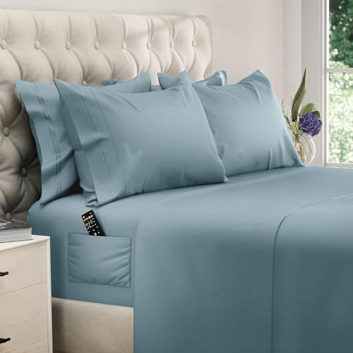 Image of DREAMCARE King Size Sheets Set - 6 pcs Breathable Cooling Sheets King Size | up to 21 inch Extra Deep Pocket King Sheet Set with Side Pockets - Extra Soft 100% Double Brushed Hotel Luxury Bedding -Mnrl Blue