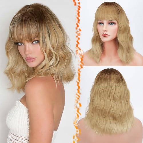 BARSDAR Short Wavy Ombre Blonde Wig with Bangs - 14 Inch Short Wavy Bob Wig with Bangs for Women - Voluminous Natural Looking Synthetic Blonde Ombre Wigs Dark Roots Party Cosplay Halloween