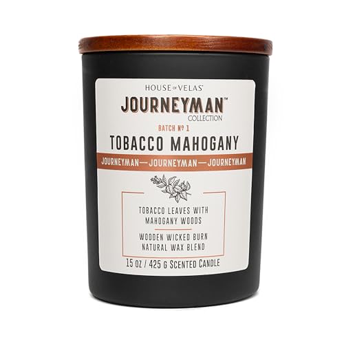 House of Velas Journeyman Collection Candle, 15oz, Wooden Wick, Tobacco Mahogany, Large Painted Jar