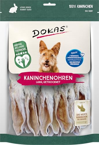 DOKAS Kaninchenohren mit Fell – Getreidefreier Premium Natursnack für Hunde aus 100% Kaninchen – Lang für große Hunde – 1 x 180 g